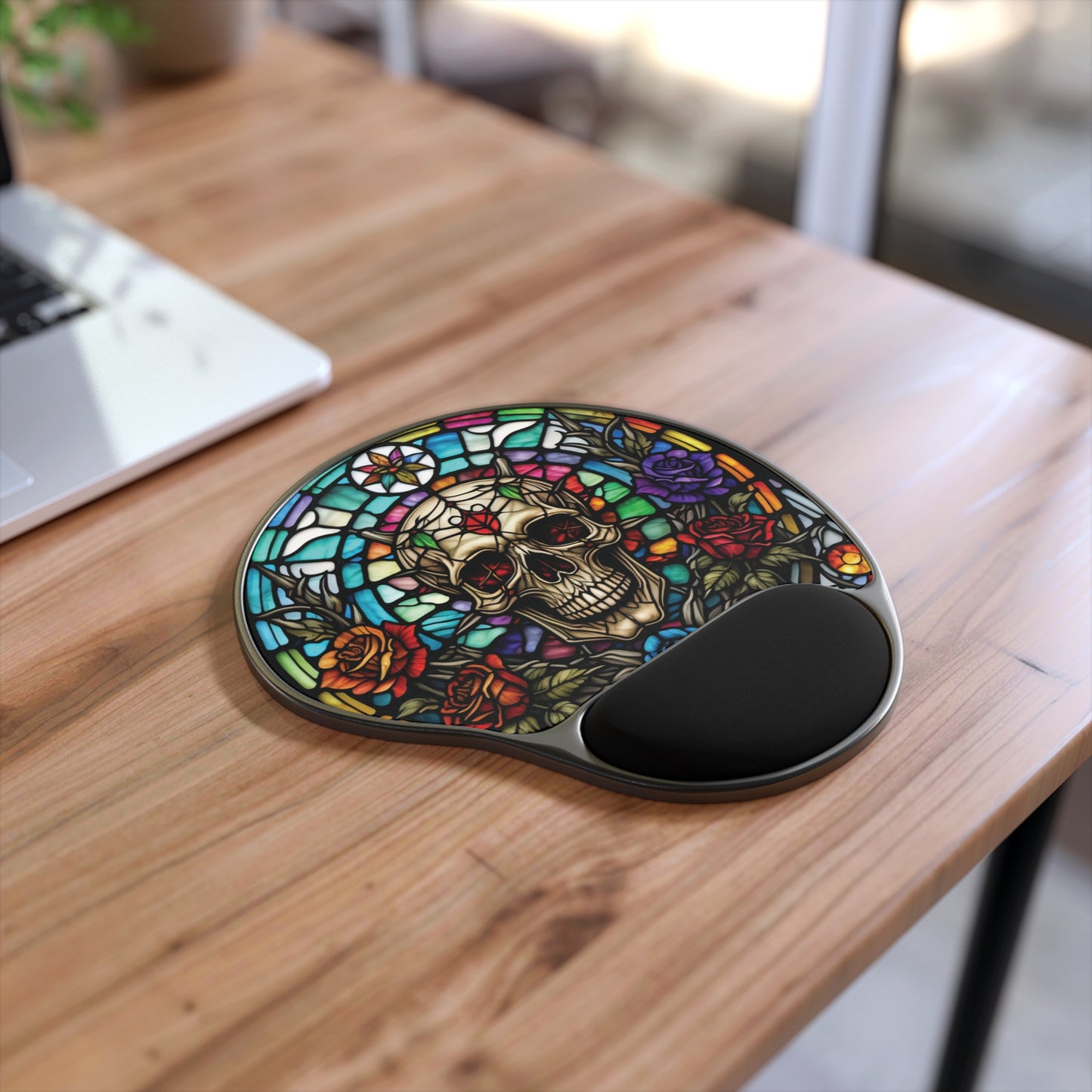 Skull and Roses Mouse Pad with Wrist Rest - Unique Gift, Office Accessory, Gamer, Floral Design, Stained Glass