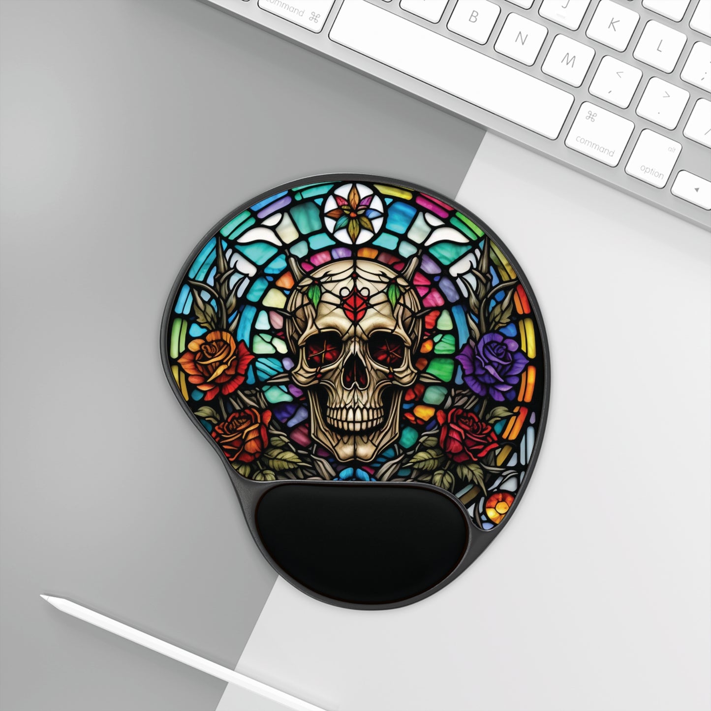 Skull and Roses Mouse Pad with Wrist Rest - Unique Gift, Office Accessory, Gamer, Floral Design, Stained Glass