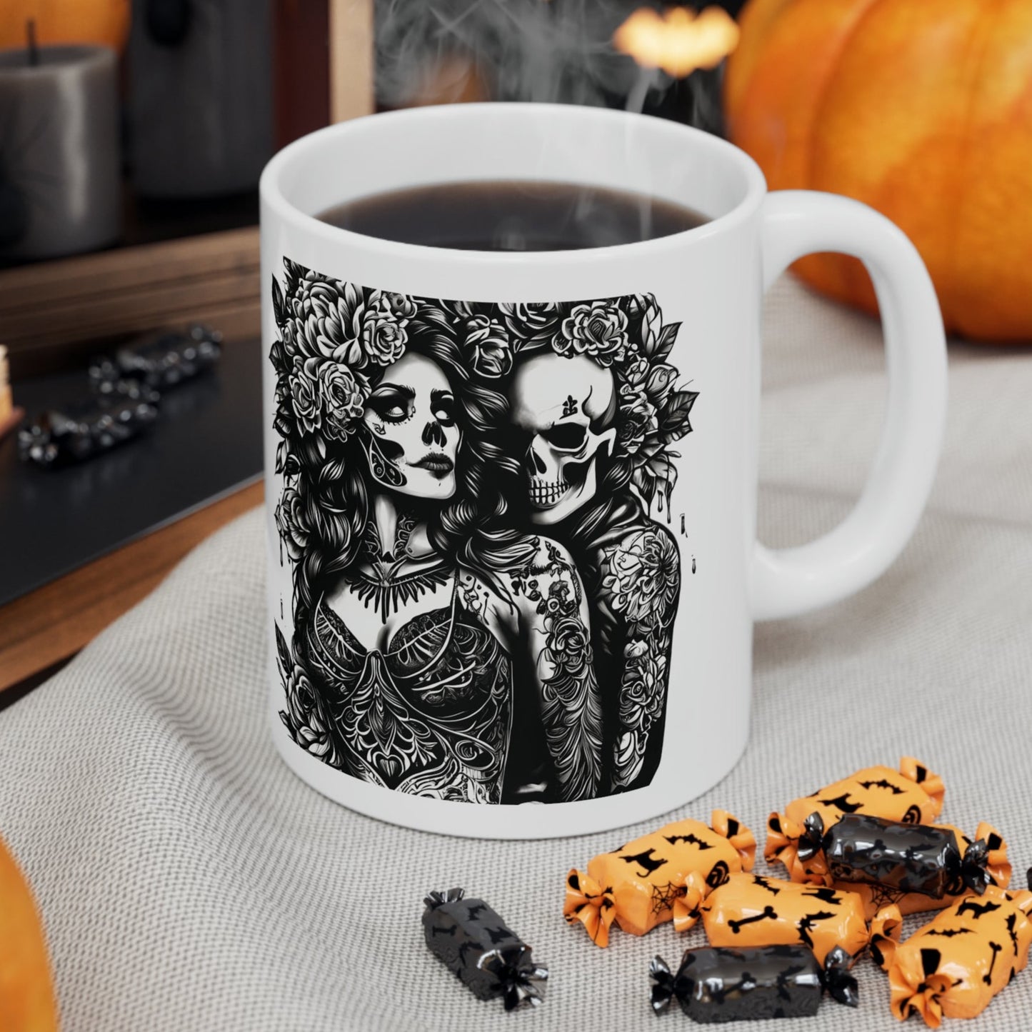 Dark Romance Coffee Cup, Goth Love Mug, Floral Skeleton Ceramic Mug, 11oz