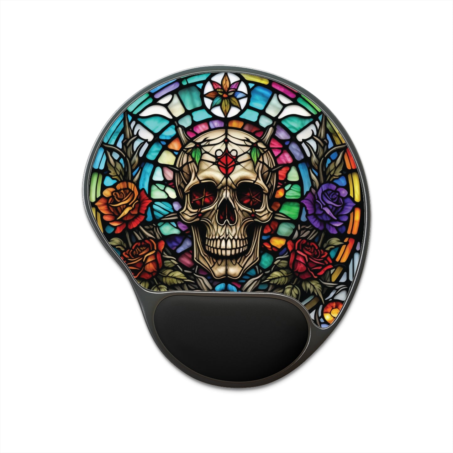 Skull and Roses Mouse Pad with Wrist Rest - Unique Gift, Office Accessory, Gamer, Floral Design, Stained Glass