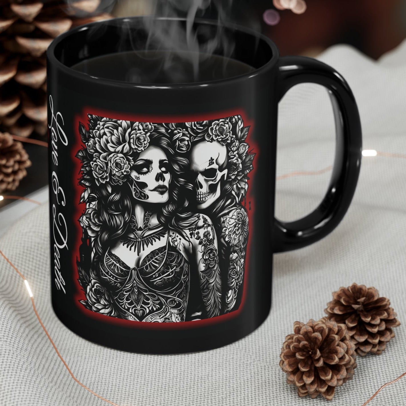 Dark Romance Black Coffee Cup, Goth Love Mug, Floral Skeleton Ceramic Mug, 11oz
