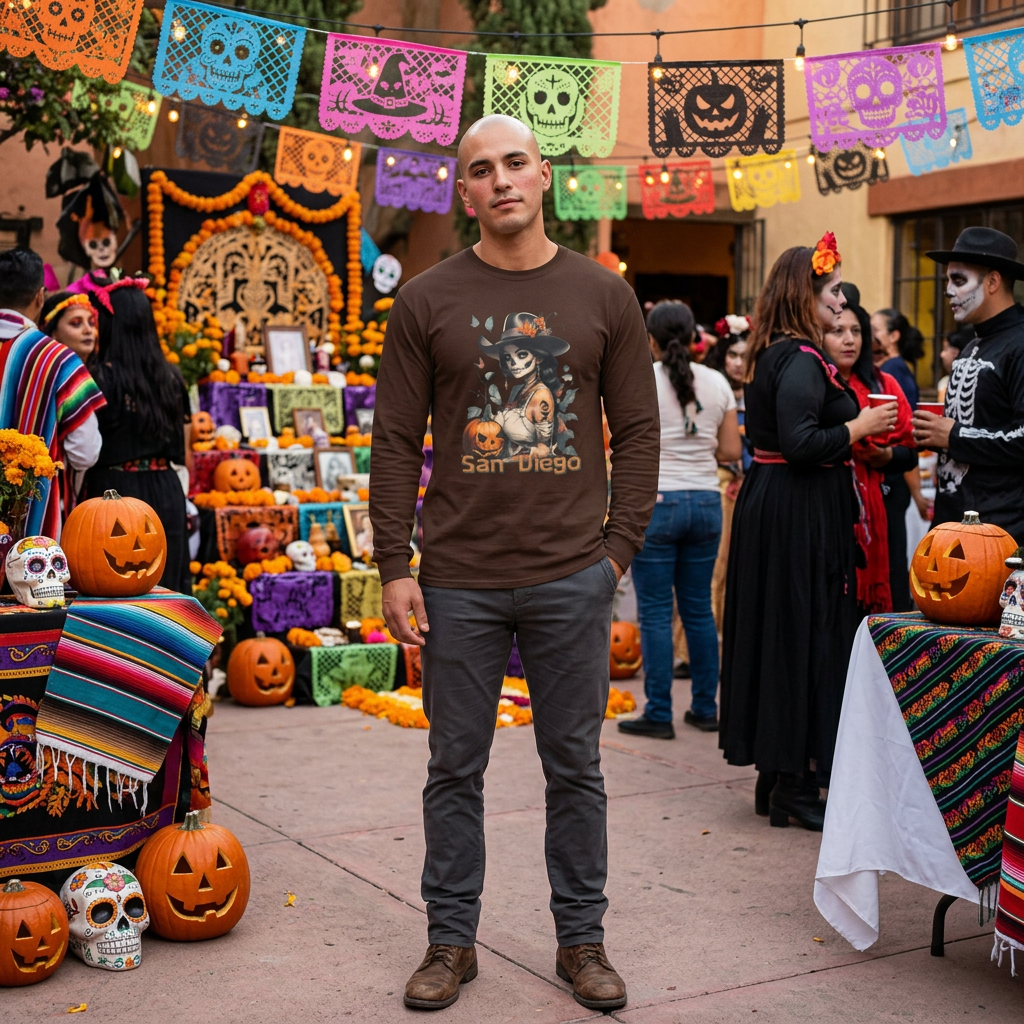 San Diego Sugar Skull Witch Long Sleeve Tee — Halloween Pumpkin Gothic Shirt