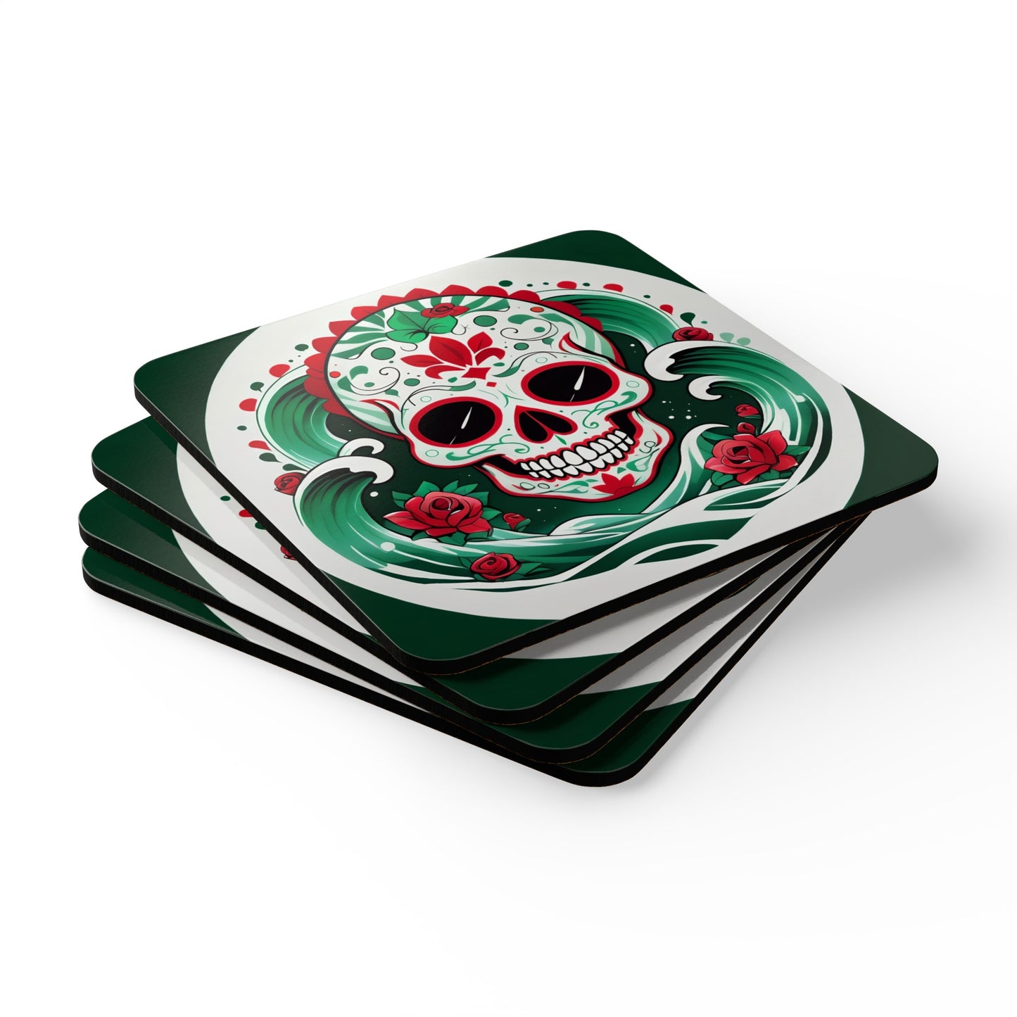 Mexican Sugar Skull, Green White and Red Corkwood Coaster Set