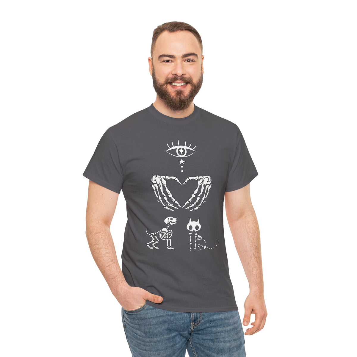 Skeleton Hands Animal Lover Tee — I Love Cats & Dogs Gothic Graphic