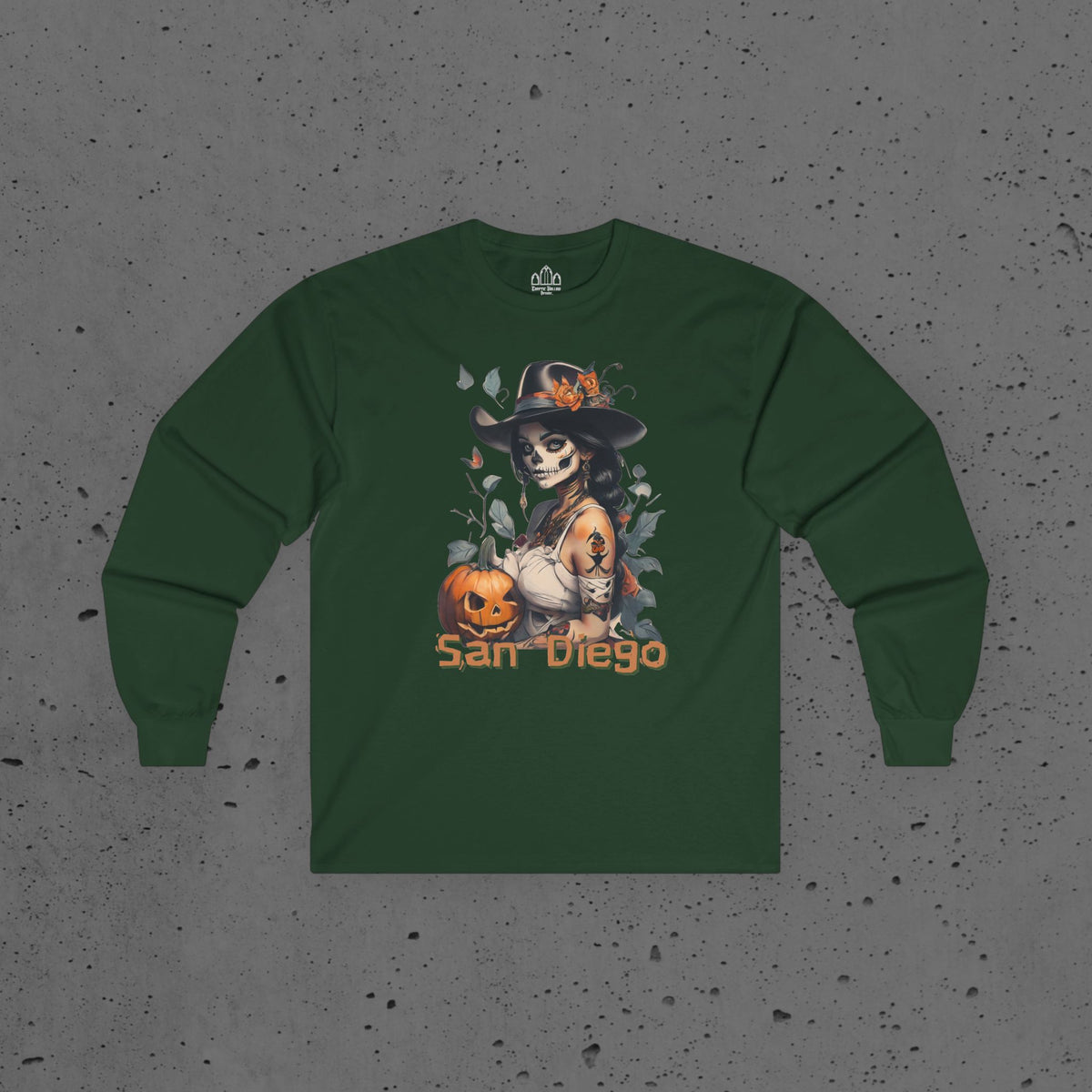 San Diego Sugar Skull Witch Long Sleeve Tee — Halloween Pumpkin Gothic Shirt