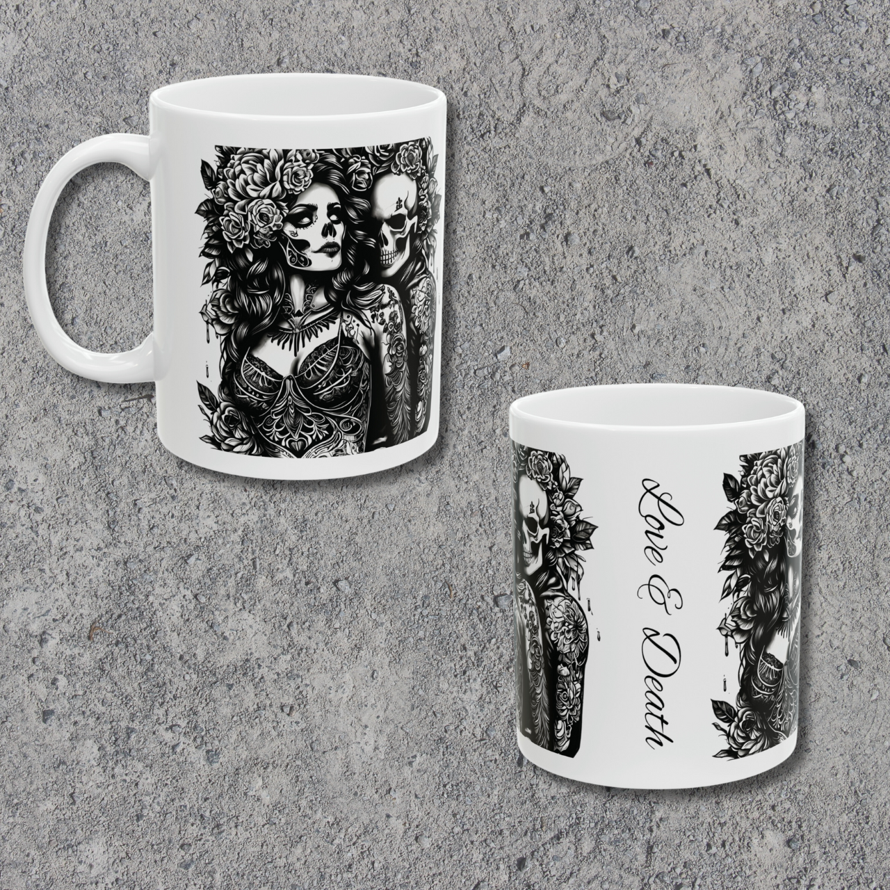 Dark Romance Coffee Cup, Goth Love Mug, Floral Skeleton Ceramic Mug, 11oz