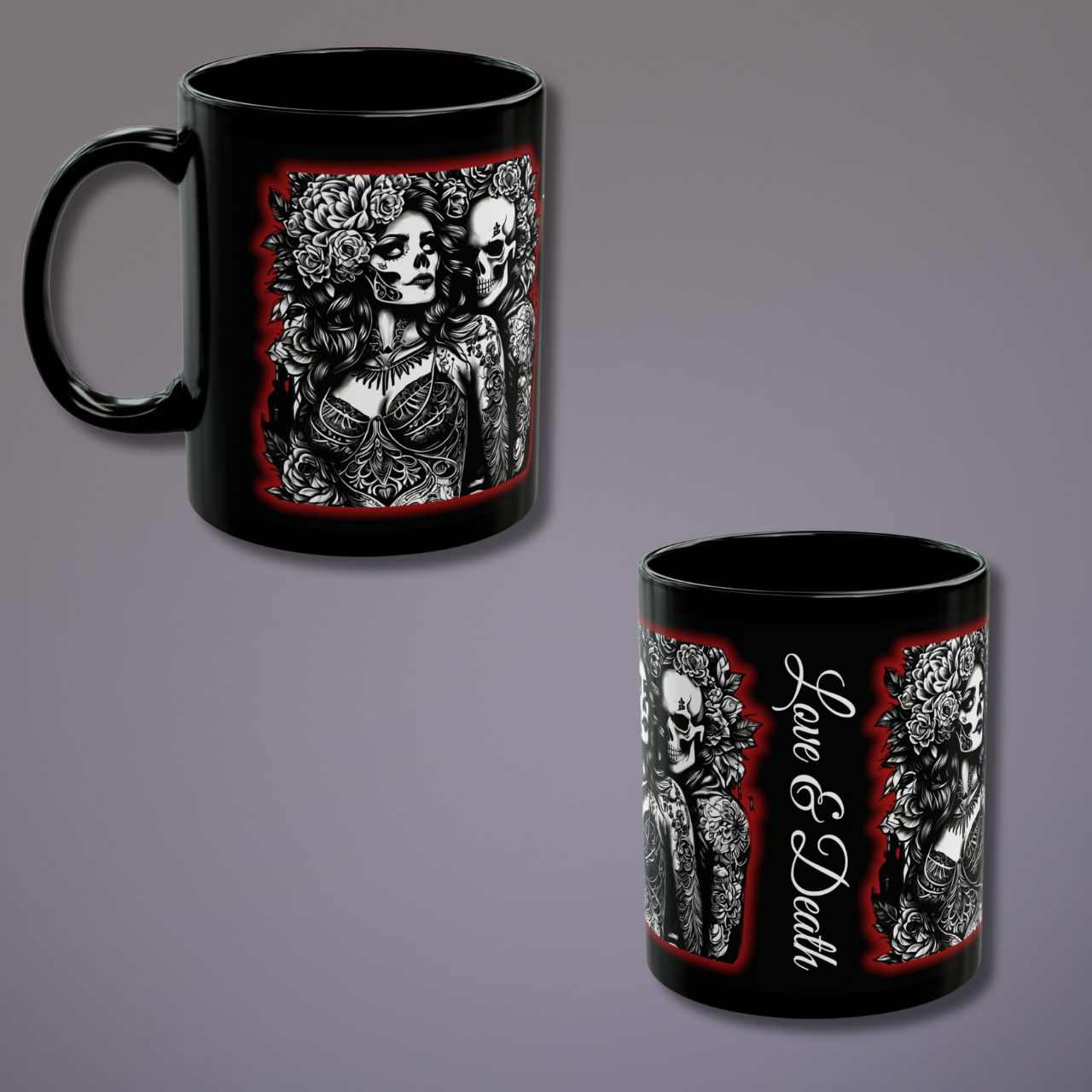 Dark Romance Black Coffee Cup, Goth Love Mug, Floral Skeleton Ceramic Mug, 11oz