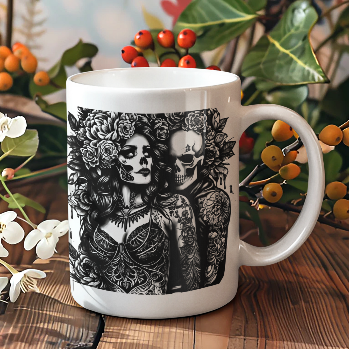 Dark Romance Coffee Cup, Goth Love Mug, Floral Skeleton Ceramic Mug, 11oz