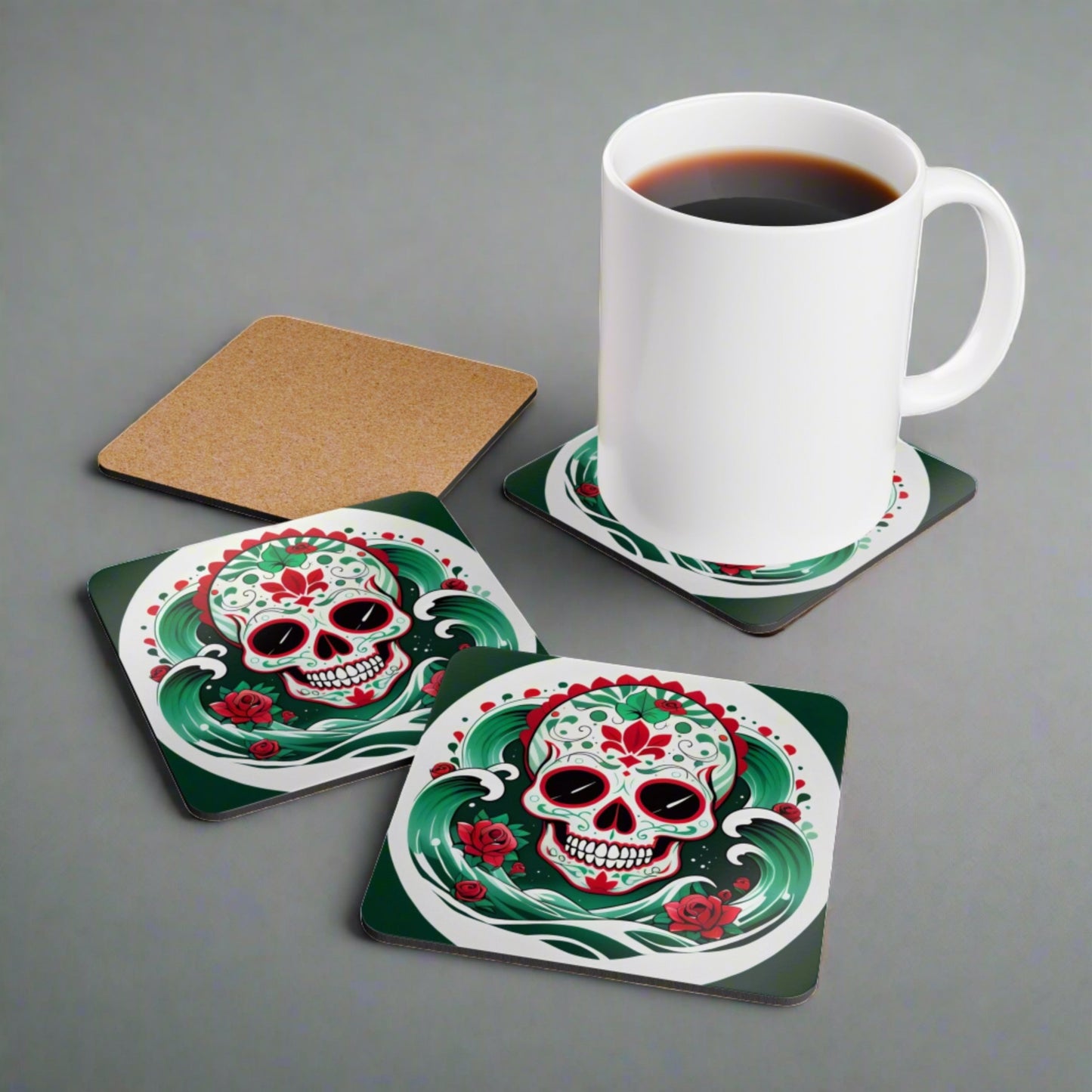 Mexican Sugar Skull, Green White and Red Corkwood Coaster Set