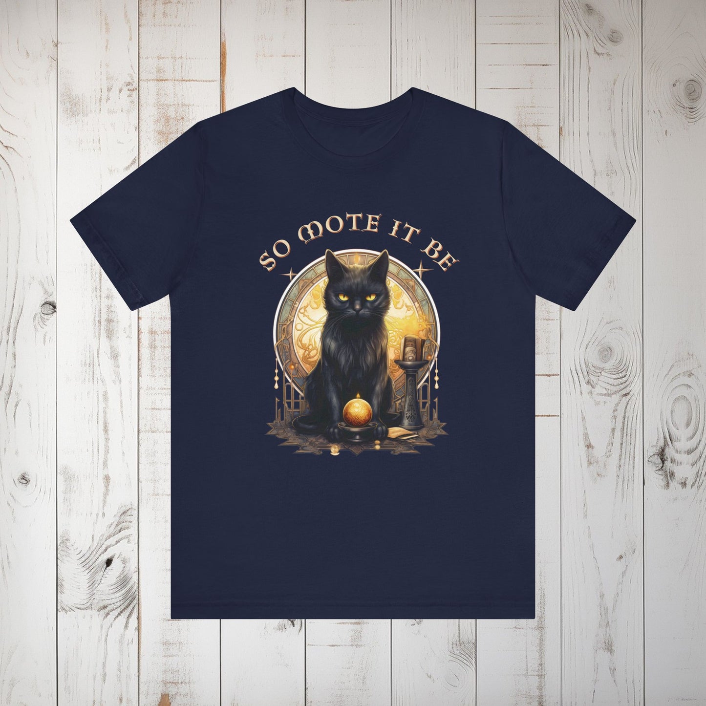 Witchy Black Cat Graphic Tee, "So Mote It Be" Unisex Jersey T-Shirt