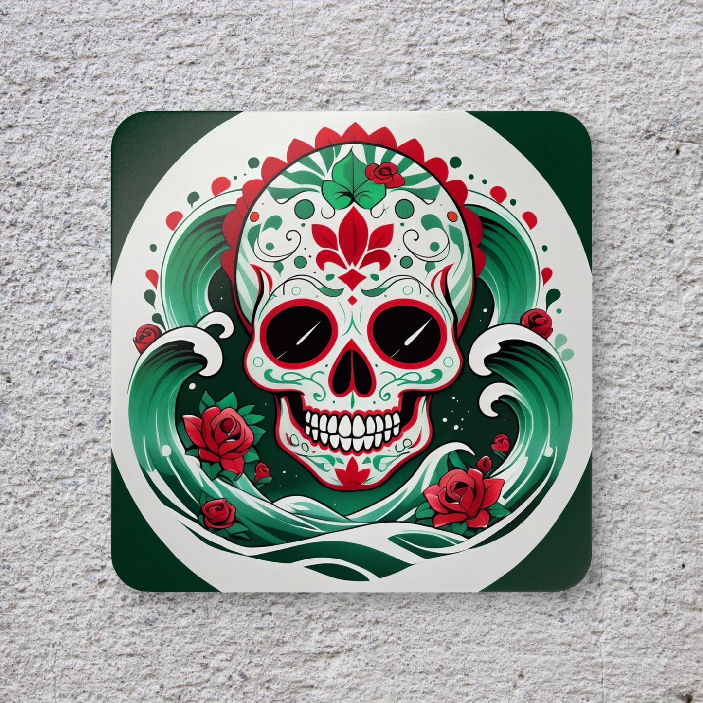 Mexican Sugar Skull, Green White and Red Corkwood Coaster Set