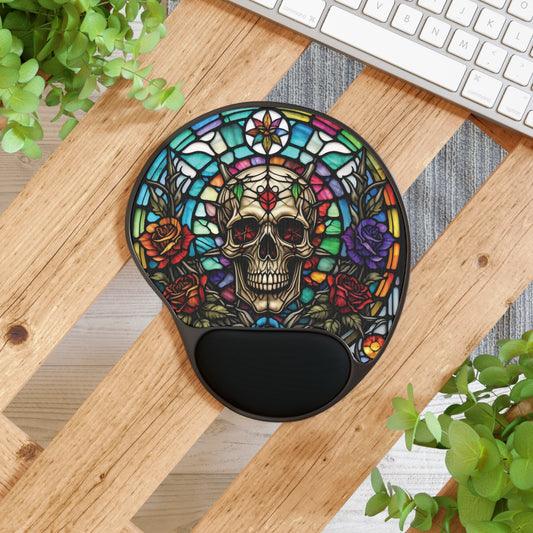 Skull and Roses Mouse Pad with Wrist Rest - Unique Gift, Office Accessory, Gamer, Floral Design, Stained Glass