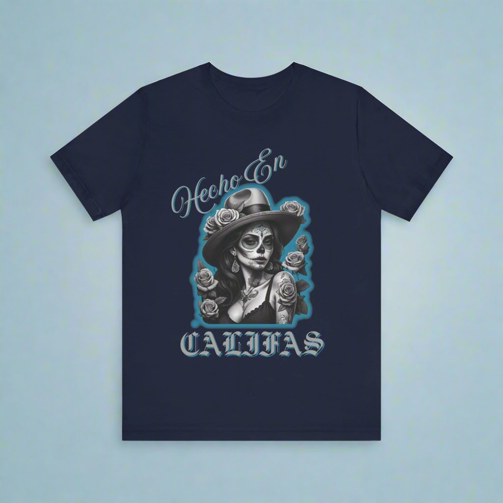 Hecho En Califas, California Pride Unisex Tee with Girl in Fedora Design