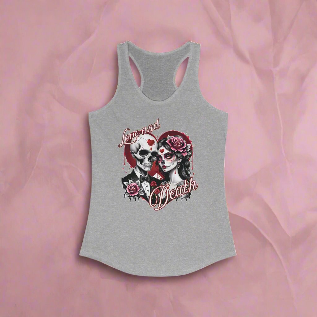 Love and Death Skeleton Couple Women's Racerback Tank Top, Dark Romance Shirt, Gothic Sleeveless Tee, Halloween Gift, Alternative Couple Tank