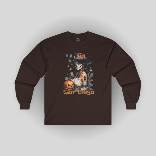 Long Sleeve Tee - San Diego Halloween La Catrina and Pumpkins Design