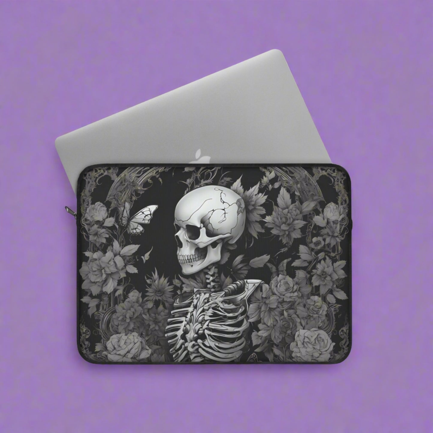 Gothic Skeleton with flowers and butterfly Laptop Sleeve