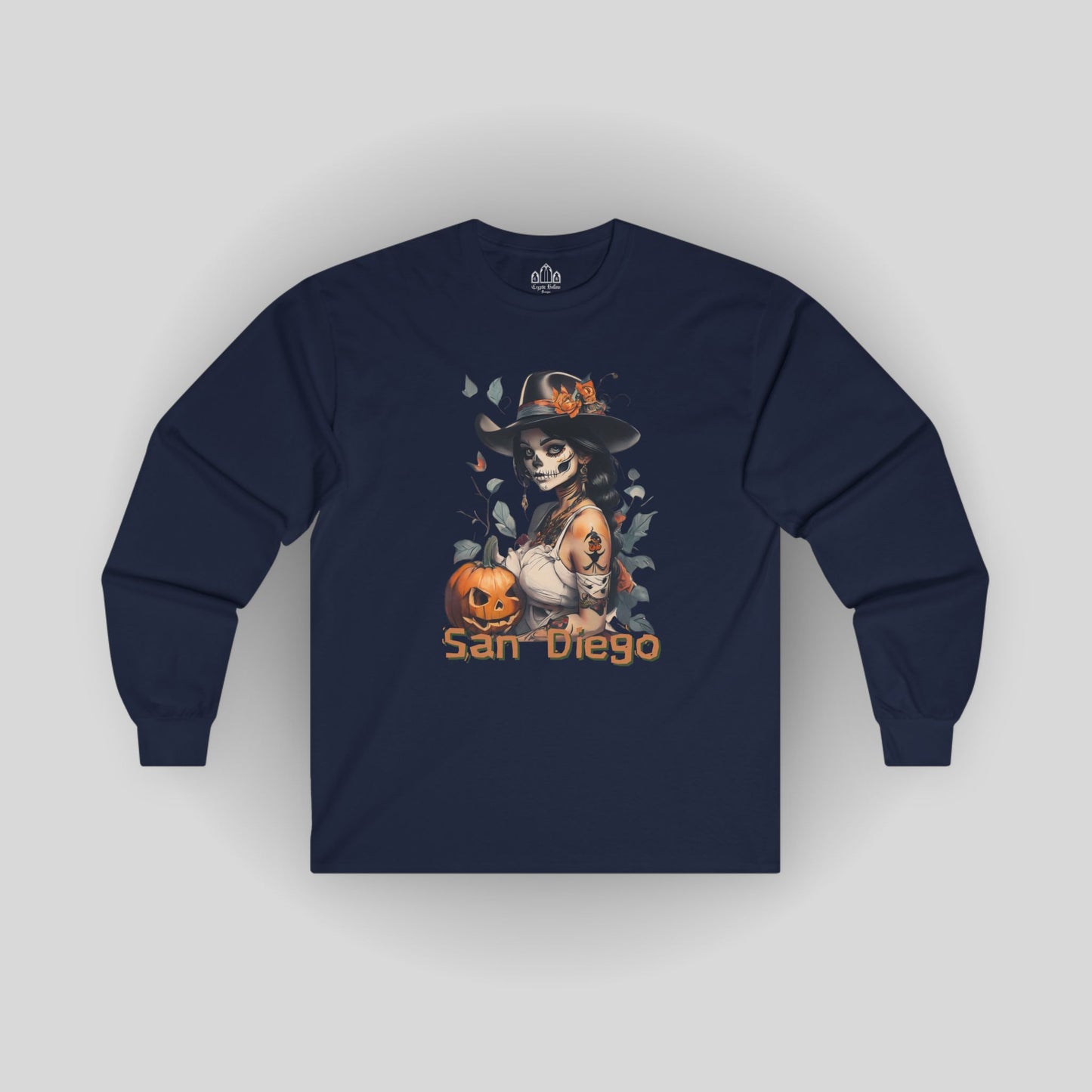Long Sleeve Tee - San Diego Halloween La Catrina and Pumpkins Design