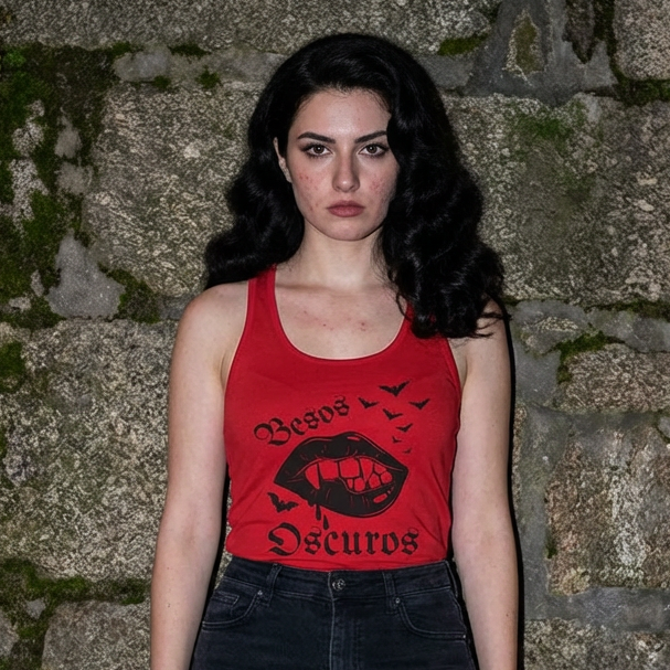 Woman wearing a red tank top with black text and graphics against a stone wall. 