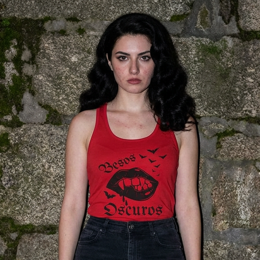 Woman wearing a red tank top with black text and graphics against a stone wall. 