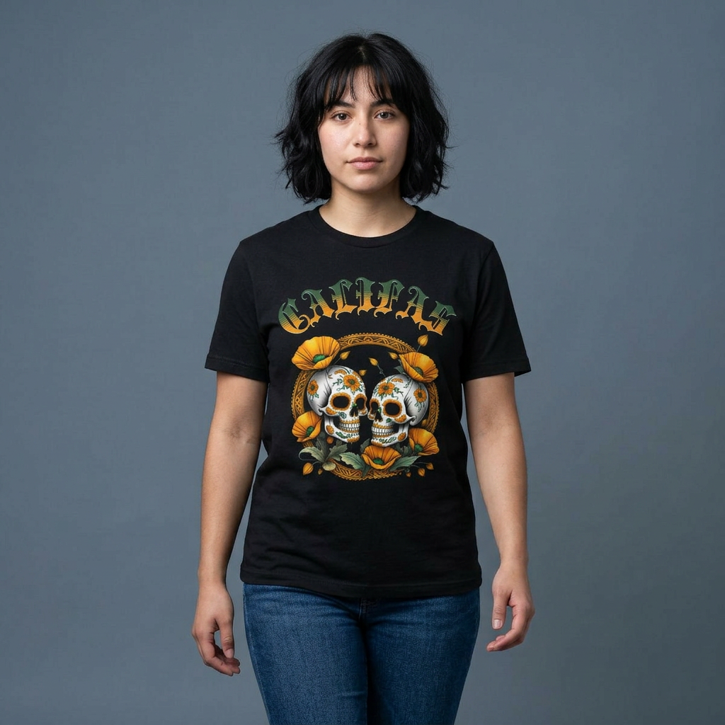 Sugar Skulls Unisex Tee - Califas California Love Poppy Flowers Design