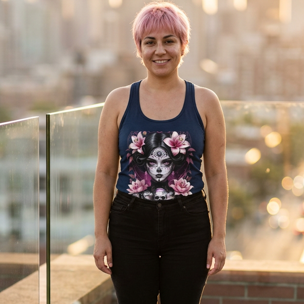 Person wearing a tank top with floral and face design on a rooftop with cityscape background