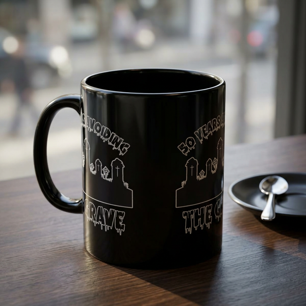 Black Mug — "50 Years Avoiding the Grave" Gothic Cemetery Coffee Cup