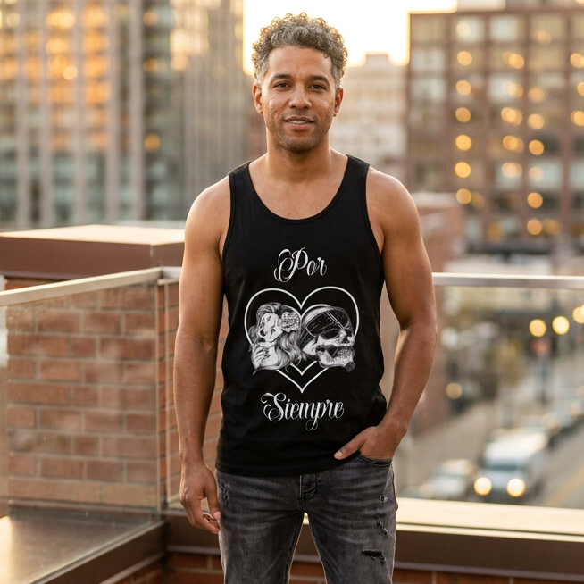 A man stands on a rooftop balcony wearing a black tank top with a white graphic print that reads 'Por Siempre' with a heart and skull design. The background shows a blurred city skyline at sunset.