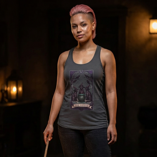 A woman with pink hair stands in a dark, rustic room holding a wooden spoon over a large cauldron. She is wearing a dark gray graphic tank top with a purple illustration and the words 'The Familiar' on the front, paired with black pants and boots.