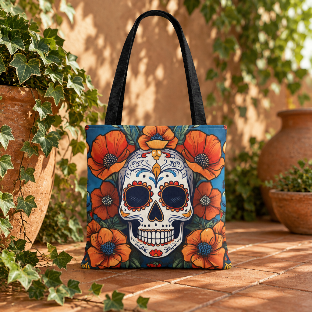 Sugar Skull with California Poppies Tote Bag | Day of the Dead