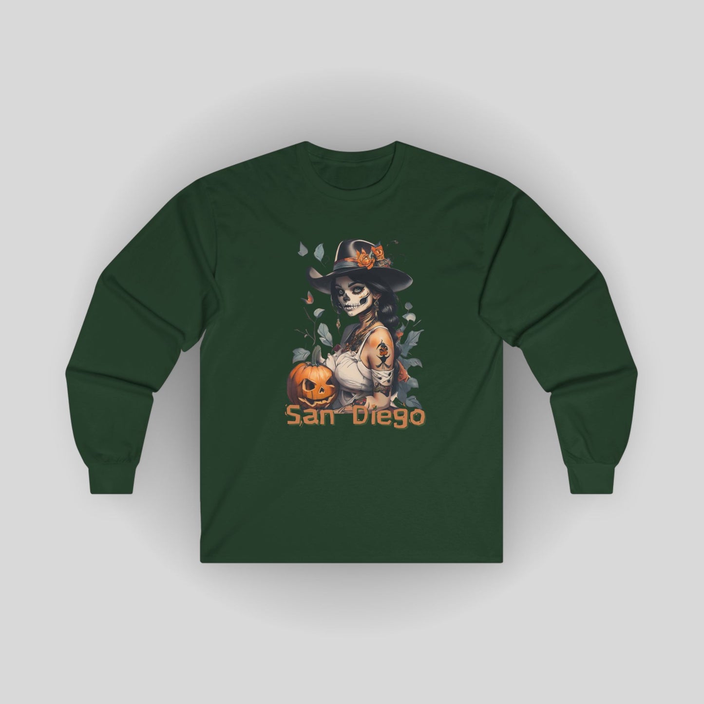 Long Sleeve Tee - San Diego Halloween La Catrina and Pumpkins Design