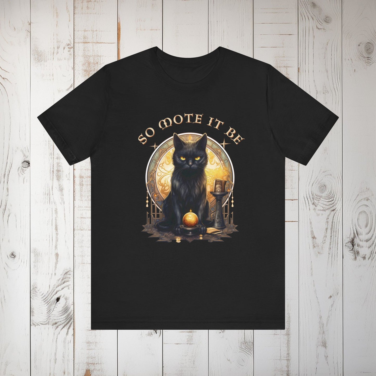 Witchy Black Cat Graphic Tee, "So Mote It Be" Unisex Jersey T-Shirt