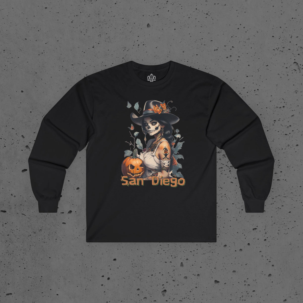 San Diego Sugar Skull Witch Long Sleeve Tee — Halloween Pumpkin Gothic Shirt
