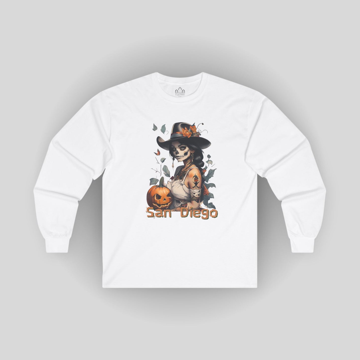 Long Sleeve Tee - San Diego Halloween La Catrina and Pumpkins Design