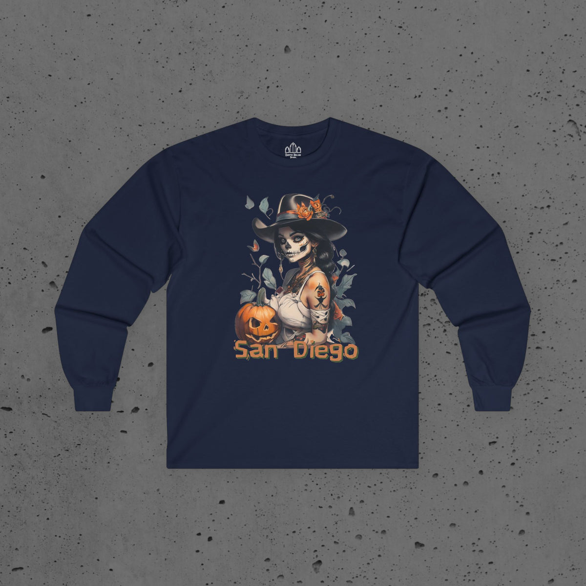 San Diego Sugar Skull Witch Long Sleeve Tee — Halloween Pumpkin Gothic Shirt