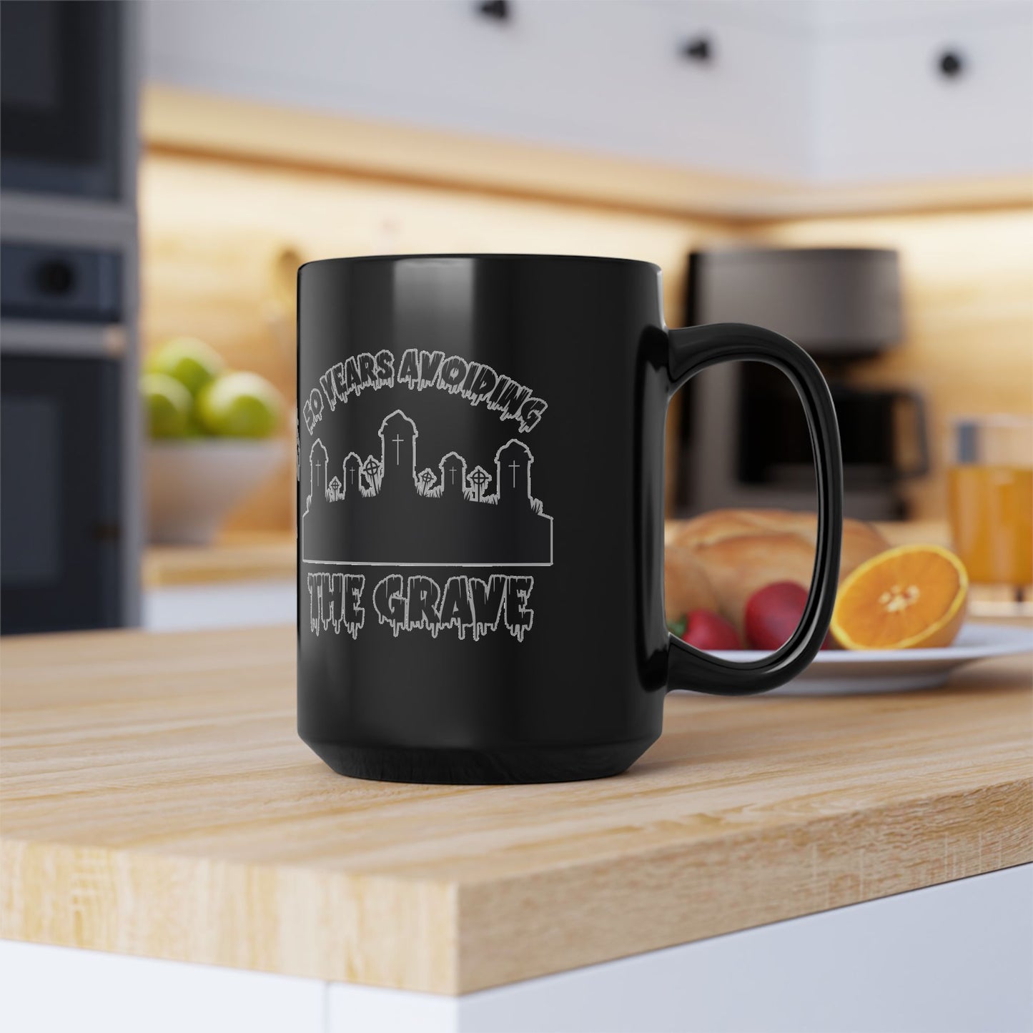Black Mug — "50 Years Avoiding the Grave" Gothic Cemetery Coffee Cup