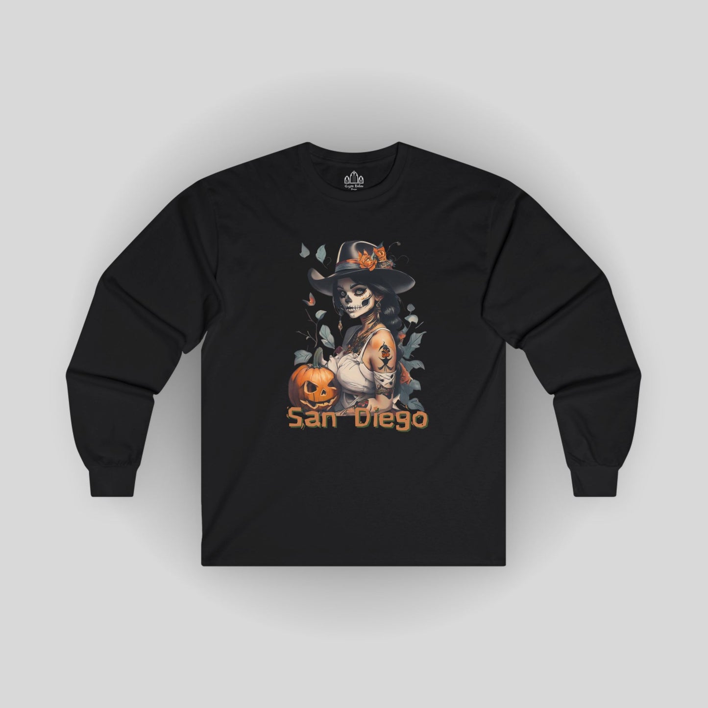 Long Sleeve Tee - San Diego Halloween La Catrina and Pumpkins Design