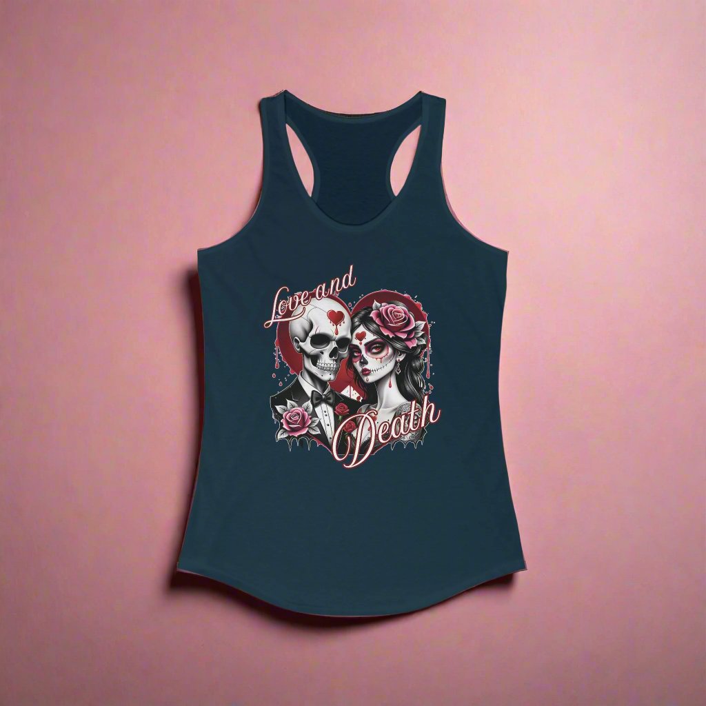 Love and Death Skeleton Couple Women's Racerback Tank Top, Dark Romance Shirt, Gothic Sleeveless Tee, Halloween Gift, Alternative Couple Tank