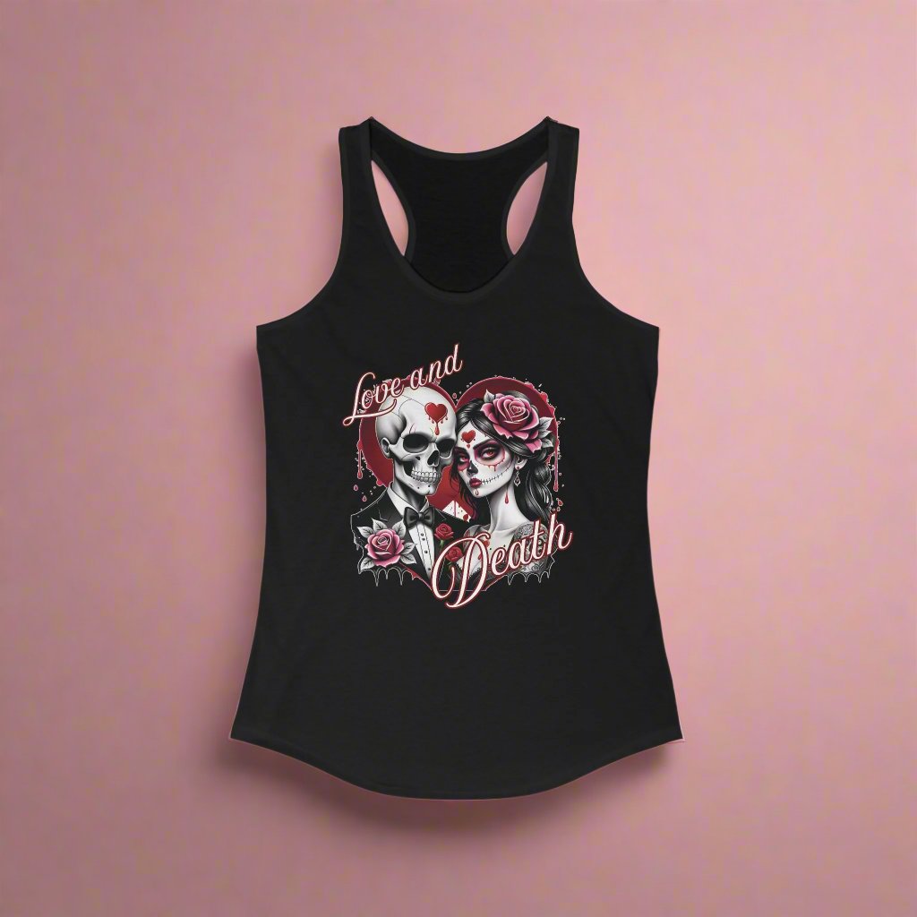 Love and Death Skeleton Couple Women's Racerback Tank Top, Dark Romance Shirt, Gothic Sleeveless Tee, Halloween Gift, Alternative Couple Tank