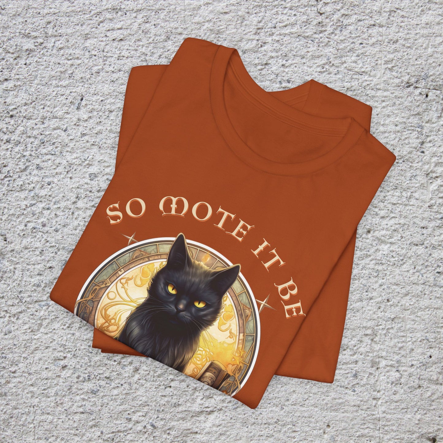 Witchy Black Cat Graphic Tee, "So Mote It Be" Unisex Jersey T-Shirt