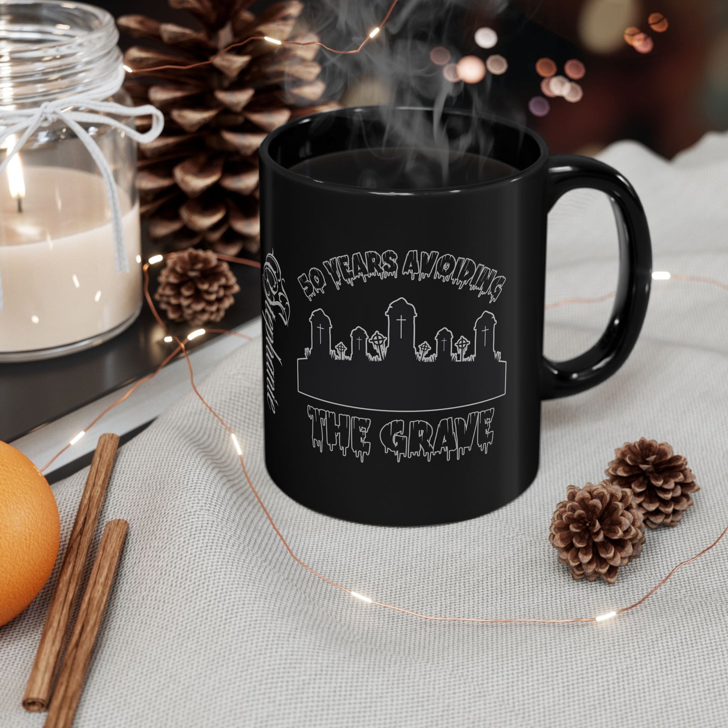 Black Mug — "50 Years Avoiding the Grave" Gothic Cemetery Coffee Cup
