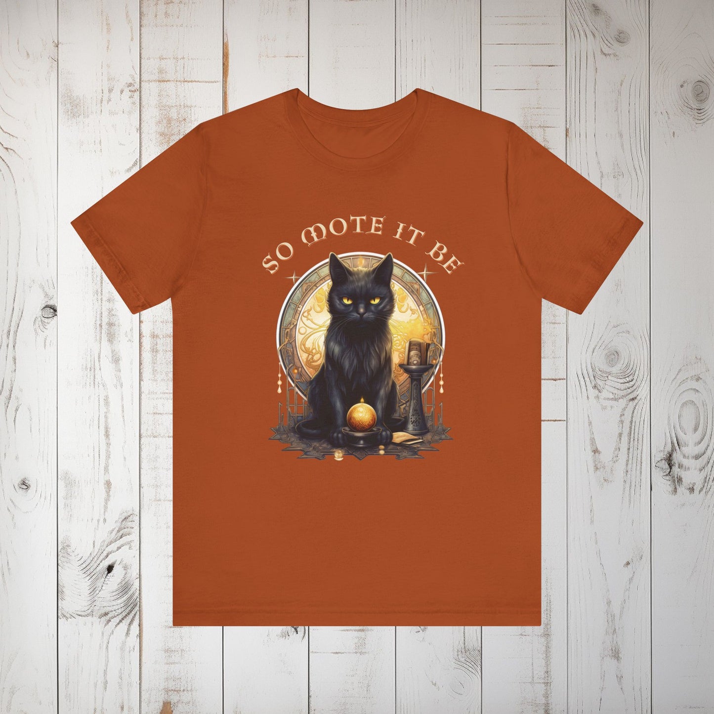 Witchy Black Cat Graphic Tee, "So Mote It Be" Unisex Jersey T-Shirt