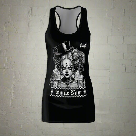 Creepy Clown Girl, Smile Now Women's Cut & Sew Racerback Dress