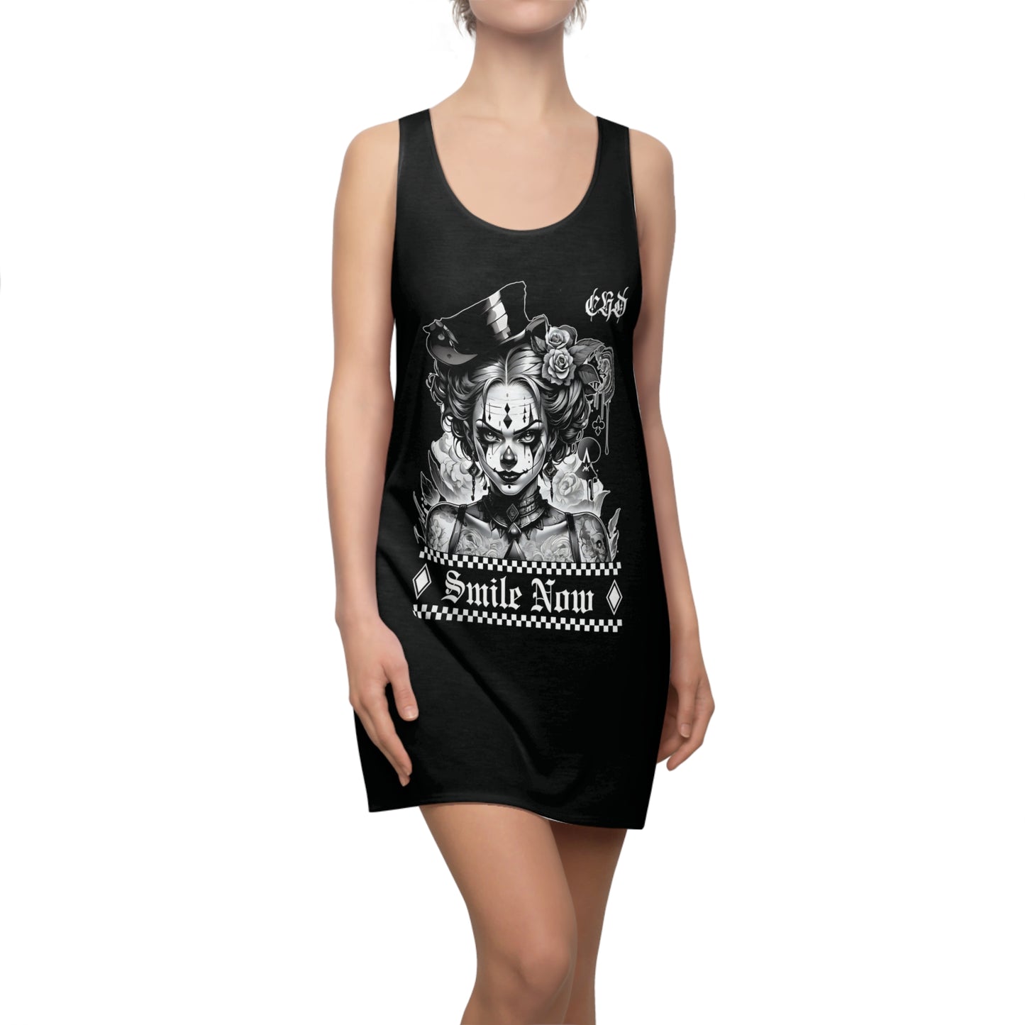 Creepy Clown Girl, Smile Now Women's Cut & Sew Racerback Dress