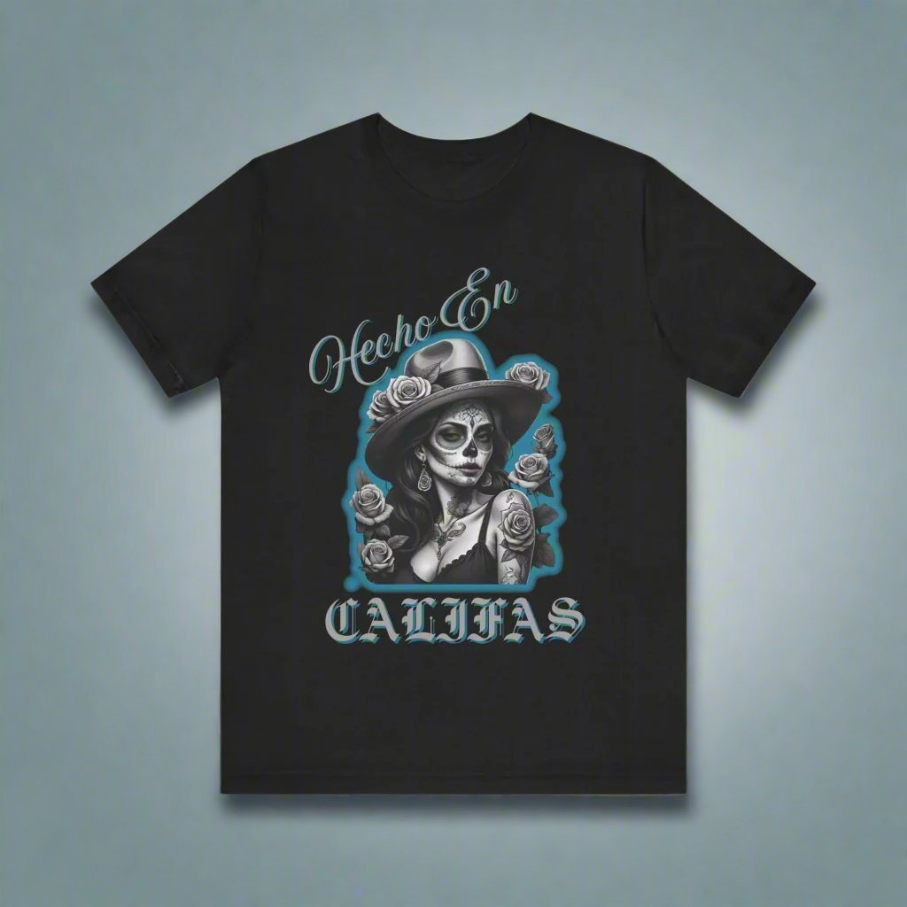 Hecho En Califas, California Pride Unisex Tee with Girl in Fedora Design