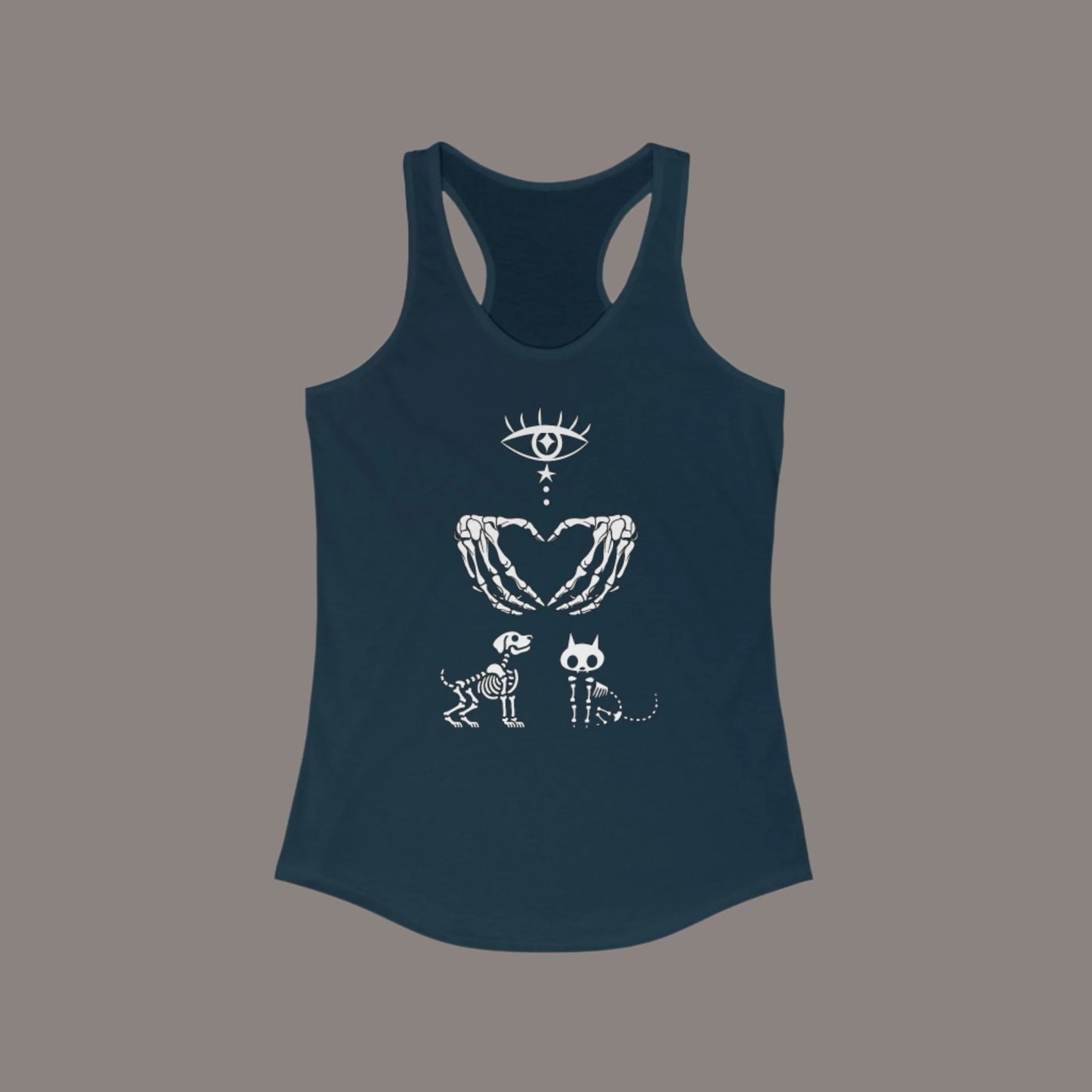 I Heart Cats and Dogs, Skeleton Cat and Dog Spooky Women's Softstyle Racerback Tank Top