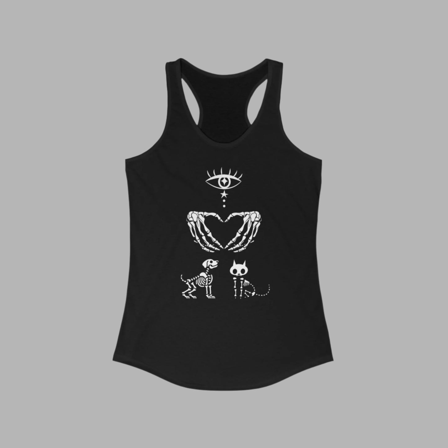 I Heart Cats and Dogs, Skeleton Cat and Dog Spooky Women's Softstyle Racerback Tank Top