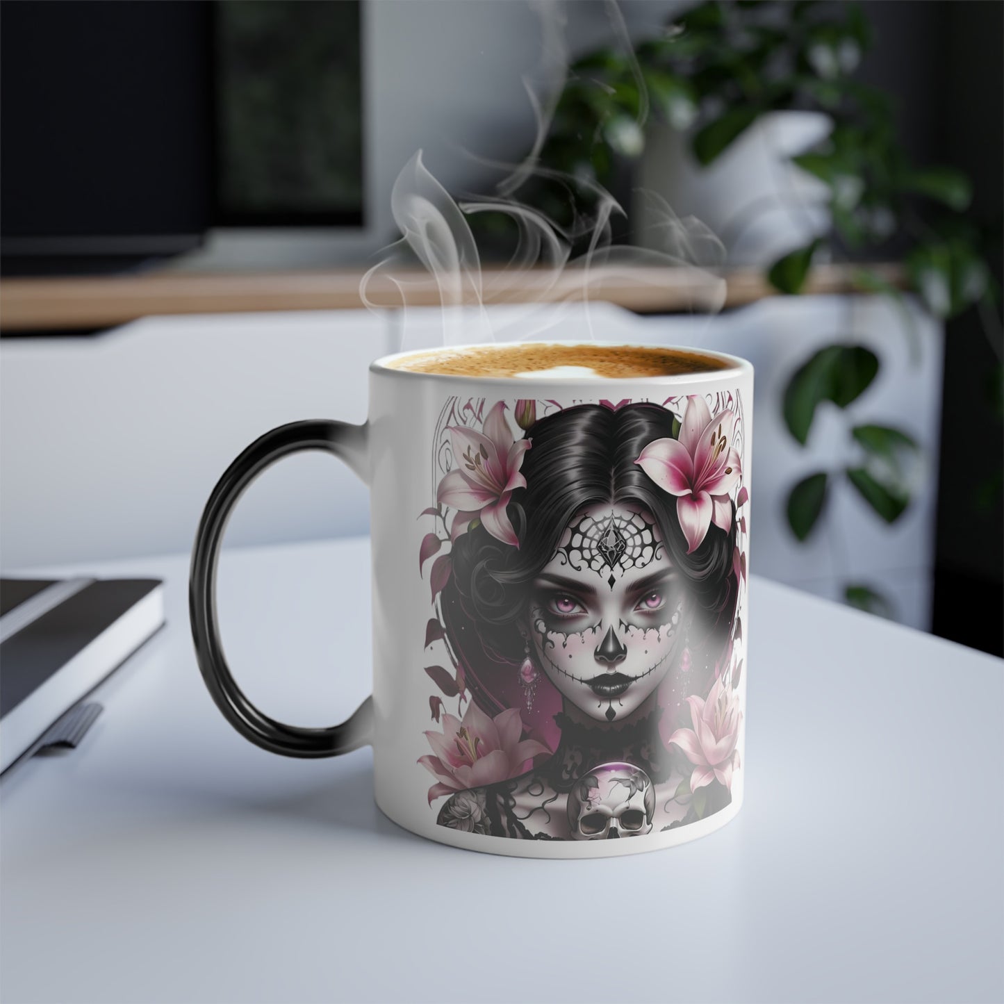 Stargazer Lily Color Morphing Mug, 11oz Goth Style Girl with Lilies coffee cup