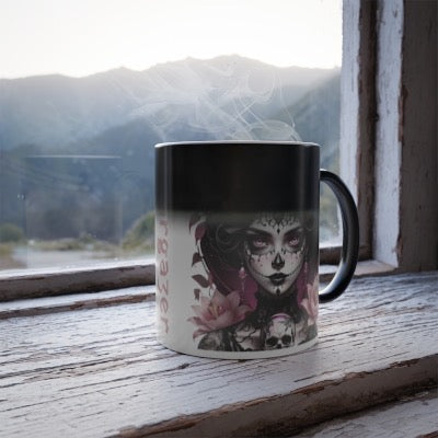 Stargazer Lily Color Morphing Mug, 11oz Goth Style Girl with Lilies coffee cup