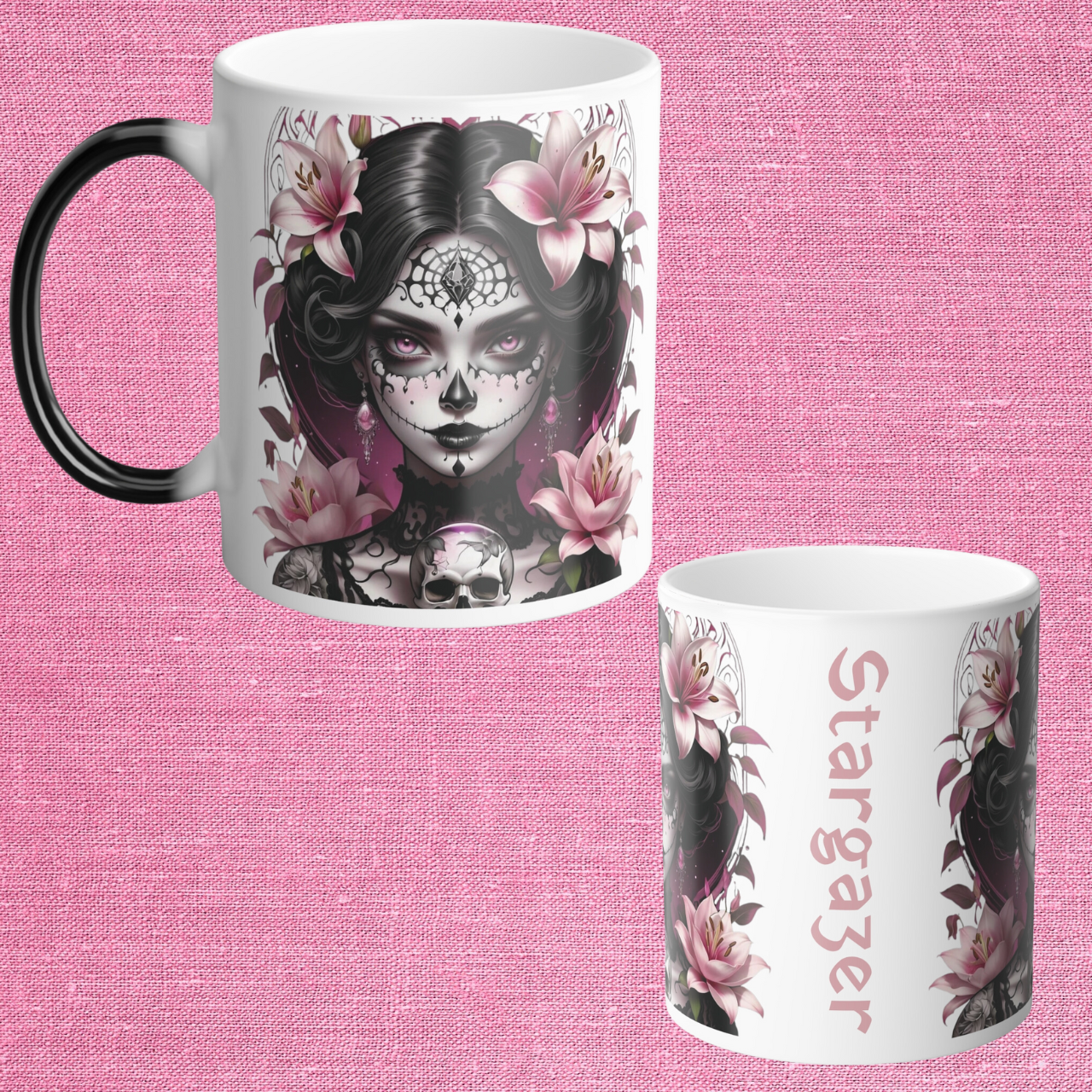 Stargazer Lily Color Morphing Mug, 11oz Goth Style Girl with Lilies coffee cup